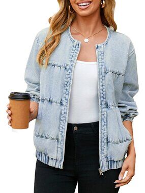 Womens Light Blue Crew Neck Long Sleeve Zip Up Loose Fit Fall Bomber Jean Jacket